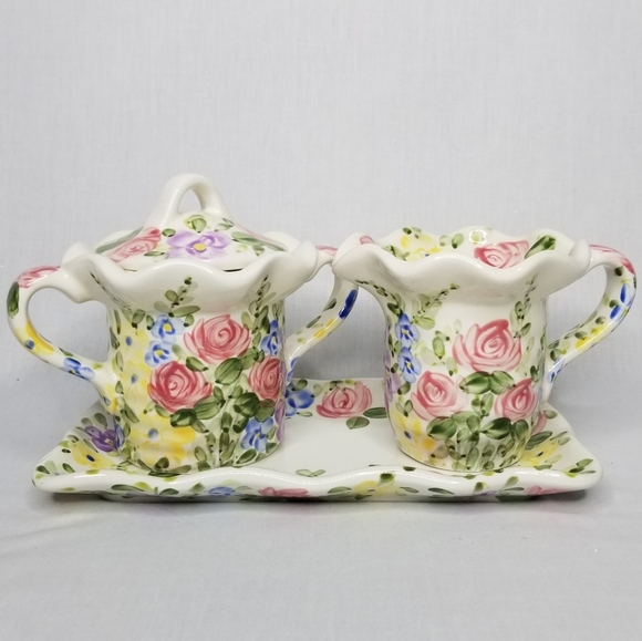 English Garden Creamer Sugar with Lid & Tray Set Tabletops Unlimited Don Swanson - Picture 13 of 13